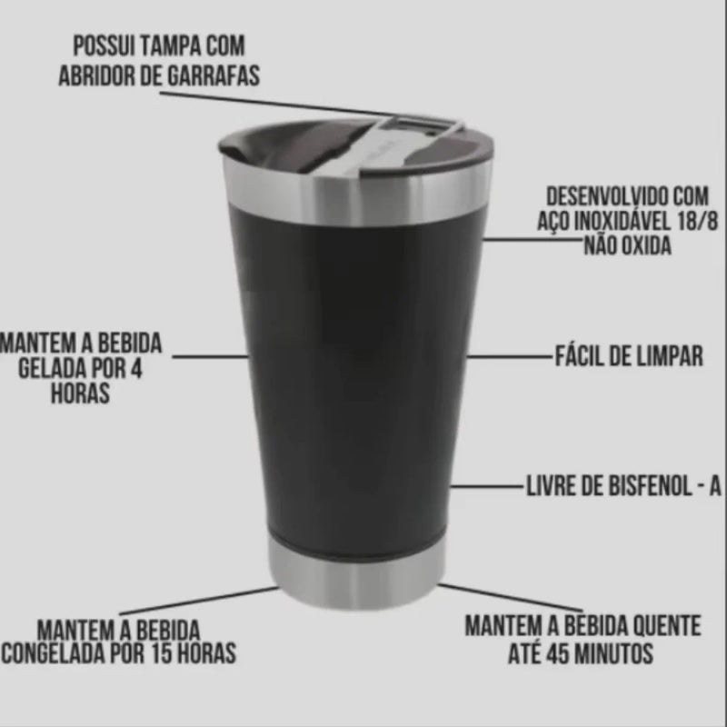 Copo Térmico 473ml com Tampa e Abridor – Bebidas Geladas ou Quentes